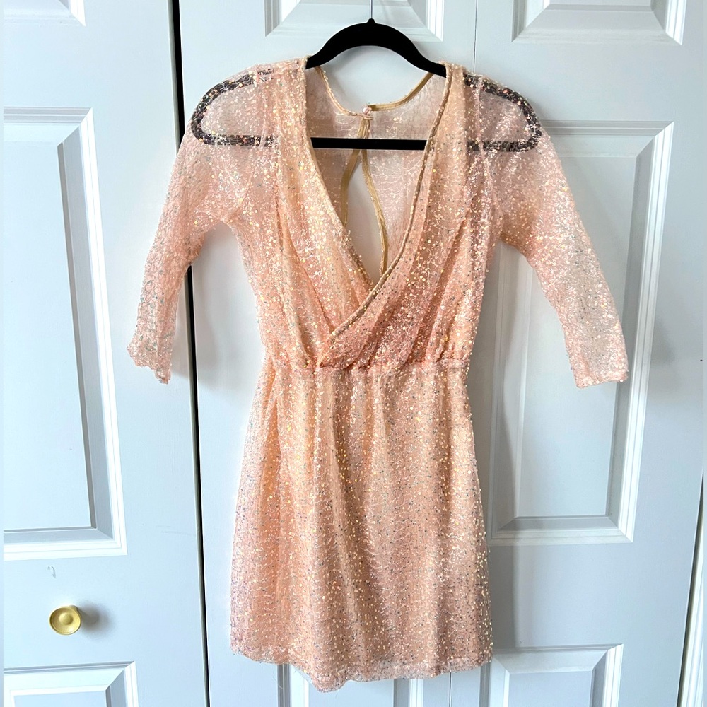 Pale Pink Sequin dress w/ sheer sleeves